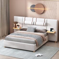 ModernLuxe Queen Size Upholstered Platform Bed Two Outlets and USB Charging Ports on Both Sides Two Bedside Pillows Storage ShelvesVelvet Beige