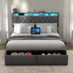 GZMR Queen Gray Metal Bed Frame Storage with Headboard
