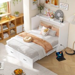 Homsee Multi-Functional 2-in-1 Murphy Bed Queen Size Bed Frame with Built-in Power Strip 3 Drawers Foldable Platform Bed 81.5''L x 61.8''W x 43.9''H White