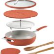Tramontina Vue All-in-One Plus Pan Set, 5-Quart Ceramic Non Stick Cooking Pan with Glass Lid, Steamer Insert, Beechwood Utensils, Splatter Screen, Pot Holder, Orange
