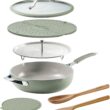 Tramontina Vue All-in-One Plus Pan Set, 5-Quart Ceramic Non Stick Cooking Pan with Glass Lid, Steamer Insert, Beechwood Utensils, Splatter Screen, Pot Holder, Green