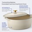 Tramontina Bestow Enameled Cast Iron Oval Dutch Oven Pot with Lid, Large 7-quart, Latte (Gold Knob)