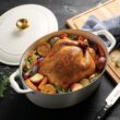 Tramontina Bestow Enameled Cast Iron Oval Dutch Oven Pot with Lid, Large 7-quart, Latte (Gold Knob)