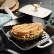 Tramontina Bestow Enameled Cast Iron Grill Pan with Press, 11-inch, Latte with Gold Knob