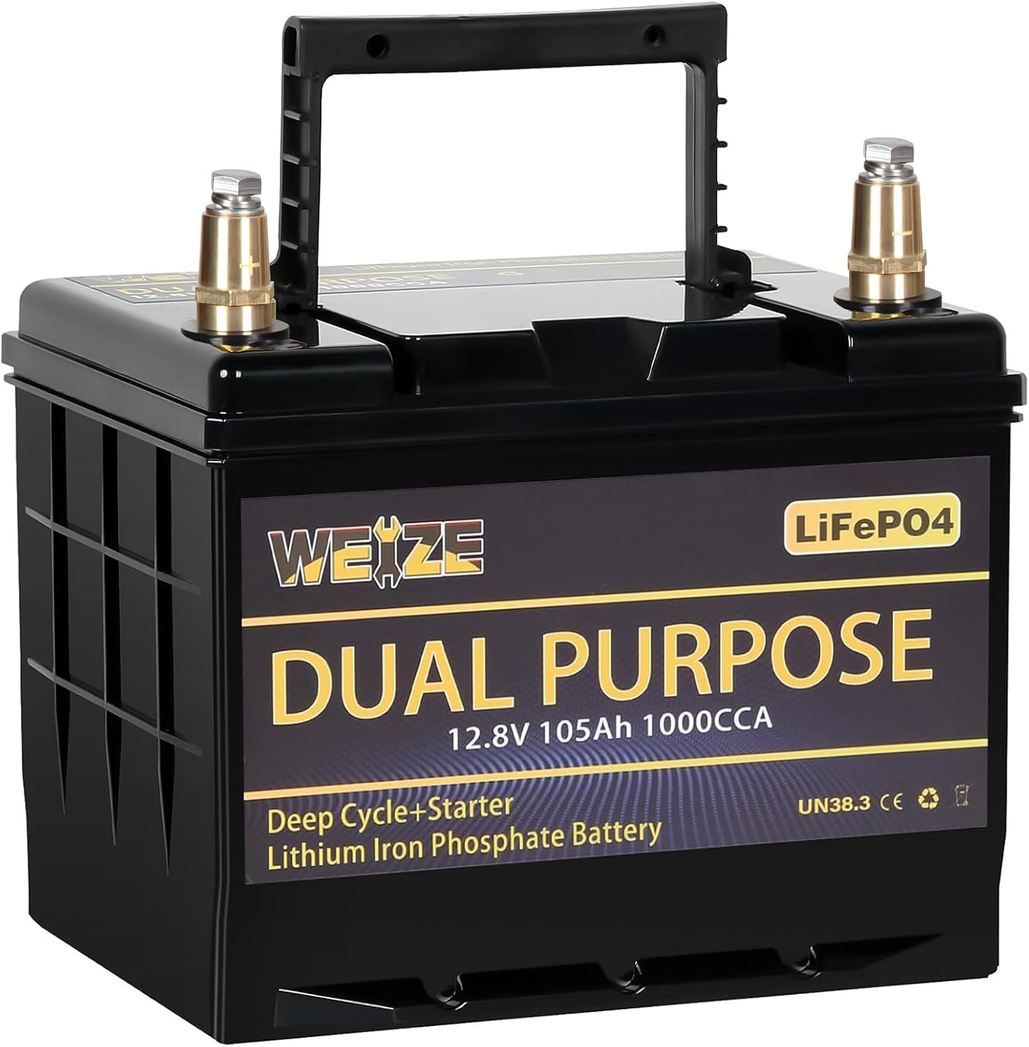 WEIZE 12V 105AH 1000CCA Dual Purpose LiFePO4 Battery, Group 31 Starting Lithium Battery Plus Deep Cycle Performance, Built-in Smart BMS, Perfect for Trolling Motor, Marine, RV WEIZE 12V 105AH 1000CCA Dual Purpose LiFePO4 Battery, Group 31 Starting Lithium Battery Plus Deep Cycle Performance, Built-in Smart BMS, Perfect for Trolling Motor, Marine, RV