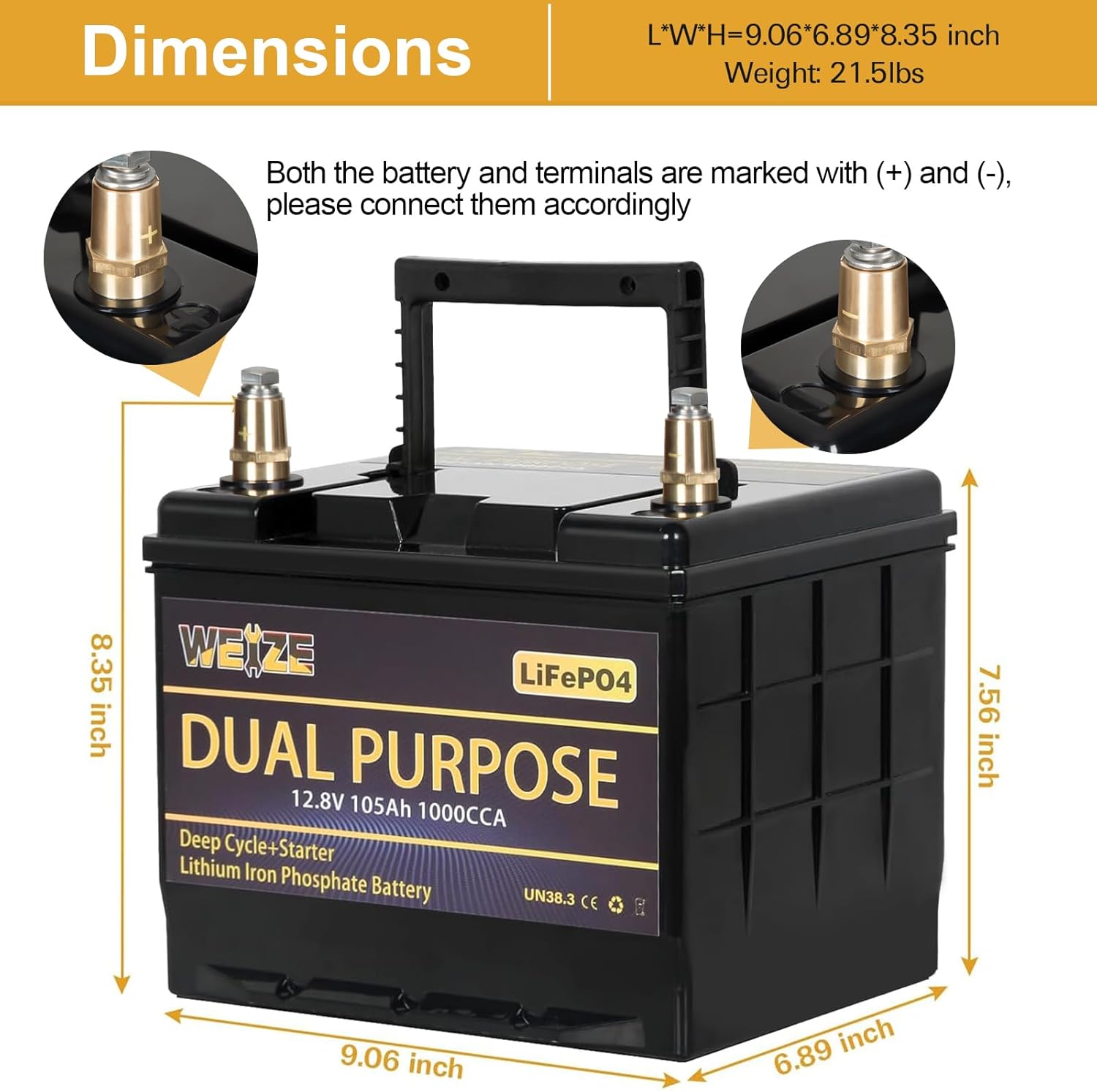 WEIZE 12V 105AH 1000CCA Dual Purpose LiFePO4 Battery, Group 31 Starting Lithium Battery Plus Deep Cycle Performance, Built-in Smart BMS, Perfect for Trolling Motor, Marine, RV WEIZE 12V 105AH 1000CCA Dual Purpose LiFePO4 Battery, Group 31 Starting Lithium Battery Plus Deep Cycle Performance, Built-in Smart BMS, Perfect for Trolling Motor, Marine, RV