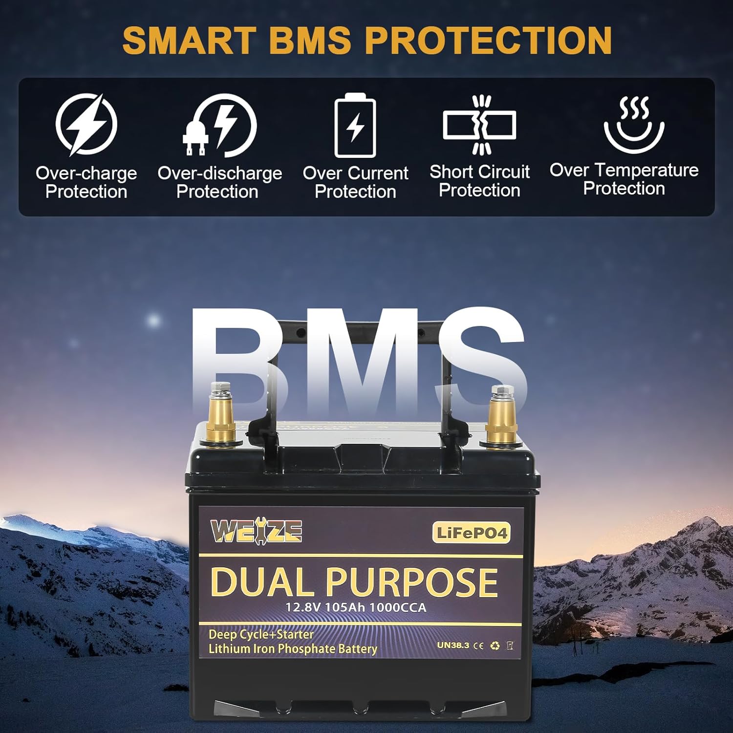 WEIZE 12V 105AH 1000CCA Dual Purpose LiFePO4 Battery, Group 31 Starting Lithium Battery Plus Deep Cycle Performance, Built-in Smart BMS, Perfect for Trolling Motor, Marine, RV WEIZE 12V 105AH 1000CCA Dual Purpose LiFePO4 Battery, Group 31 Starting Lithium Battery Plus Deep Cycle Performance, Built-in Smart BMS, Perfect for Trolling Motor, Marine, RV