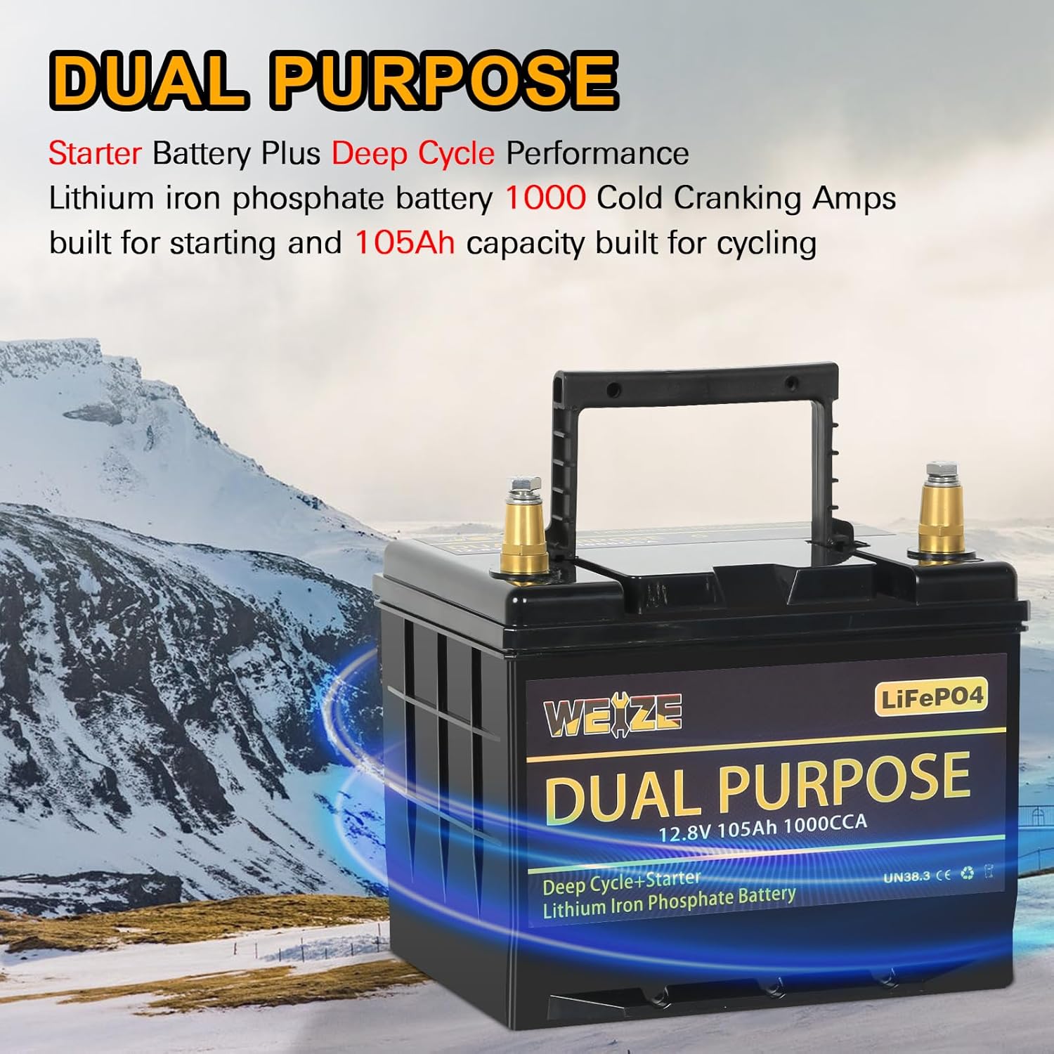 WEIZE 12V 105AH 1000CCA Dual Purpose LiFePO4 Battery, Group 31 Starting Lithium Battery Plus Deep Cycle Performance, Built-in Smart BMS, Perfect for Trolling Motor, Marine, RV WEIZE 12V 105AH 1000CCA Dual Purpose LiFePO4 Battery, Group 31 Starting Lithium Battery Plus Deep Cycle Performance, Built-in Smart BMS, Perfect for Trolling Motor, Marine, RV
