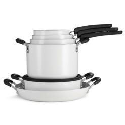 Tramontina Ceramic Non Stick 11-Piece Nesting Pots and Pans Set with Lids - Stackable Nonstick Cookware Set, Dishwasher and Oven Safe, White