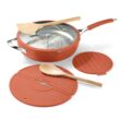 Tramontina Vue All-in-One Plus Pan Set, 5-Quart Ceramic Non Stick Cooking Pan with Glass Lid, Steamer Insert, Beechwood Utensils, Splatter Screen, Pot Holder, Orange