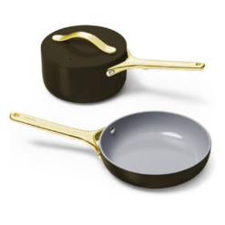 Caraway Mini Cookware Set - Non-Stick Ceramic Fry Pan (1.05 qt, 8") Sauce Pan (1.75 qt) & Storage Rack - Black