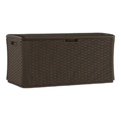 Suncast 134 Gallon Extra Large All-Weather Wicker Pattern Deck Box with Lockable Lid for Garden, Garage, Patio, or Outdoor Use, Java