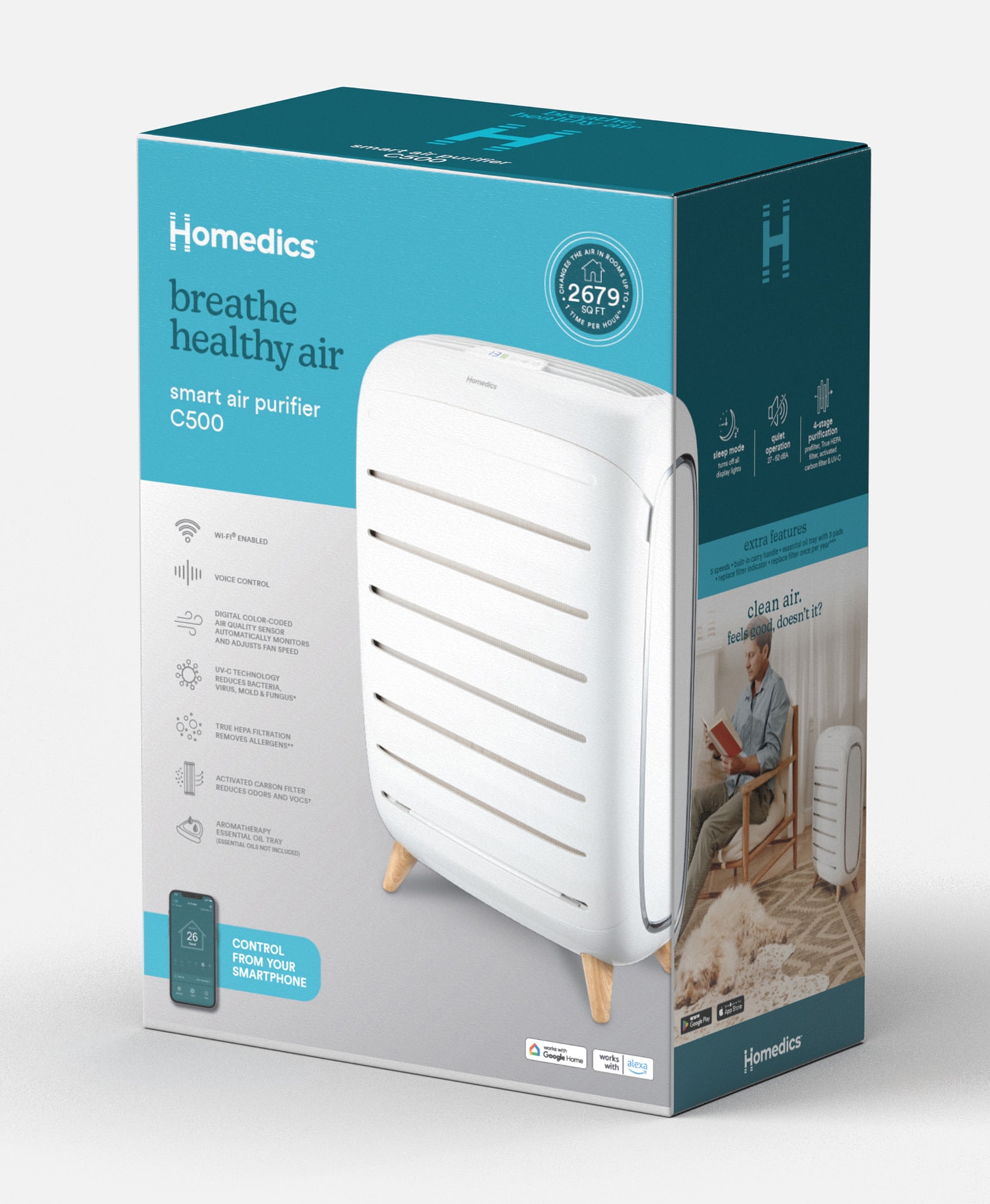 HOMEDICS Smart Wi-Fi Series with Air Quality Sensor 5 -Speed Ionic Smart Compatible White HOMEDICS Smart Wi-Fi Series with Air Quality Sensor 5 -Speed Ionic Smart Compatible White True HEPA and UV Air Purifier ENERGY STAR Certified (Covers: 553-sq ft )