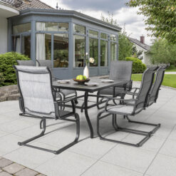 Nuu Garden 7 -Piece Black Patio Dining Set Iron Rectangle Table with 6 Light gray C-spring Chairs