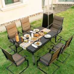 Nuu Garden 7 -Piece Black Patio Dining Set Iron Rectangle Table with 6 Brown C-spring Chairs