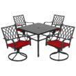 Nuu Garden 5 -Piece Black Patio Dining Set Iron Square Table with 4 Red Cushions Swivel Chairs