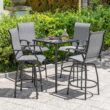 Nuu Garden 5 -Piece Black Bar Height Patio Dining Set Iron Square Table with 4 Gray Swivel Chairs