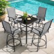 Nuu Garden 5 -Piece Black and Brown with gold point Bar Height Patio Dining Set Iron Square Table with 4 Gray Swivel Chairs