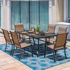 Nuu Garden 7 -Piece Black Patio Dining Set Iron Rectangle Table with 6 Brown Stationary Chairs