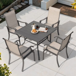 Nuu Garden 5 -Piece Grey Patio Dining Set Iron Square Table with 4 Beige Stationary Chairs