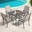 Nuu Garden 5 -Piece Grey Patio Dining Set Iron Square Table with 4 Beige Stationary Chairs
