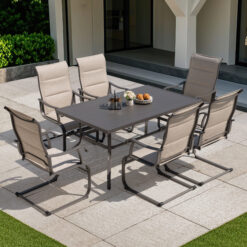Nuu Garden 7 -Piece Gray Patio Dining Set Iron Rectangle Table with 6 Beige C-spring Chairs