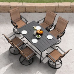 Nuu Garden 7 -Piece Black Patio Dining Set Iron Rectangle Table with 6 Brown Swivel Chairs