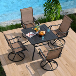 Nuu Garden 5 -Piece Black Patio Dining Set Iron Square Table with 4 Brown Swivel Chairs