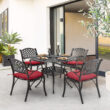 Nuu Garden 9 -Piece Black and gold-painted Patio Dining Set Aluminum Round Table with 4 Red Cushions Stationary Chairs