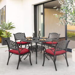 Nuu Garden 9 -Piece Black and gold-painted Patio Dining Set Aluminum Round Table with 4 Red Cushions Stationary Chairs