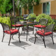 Nuu Garden 9 -Piece Black and gold-painted Patio Dining Set Aluminum Round Table with 4 Red Cushions Stationary Chairs