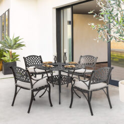 Nuu Garden 9 -Piece Black and gold-painted Patio Dining Set Aluminum Round Table with 4 Off-white Cushions Stationary Chairs