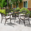 Nuu Garden 9 -Piece Black and gold-painted Patio Dining Set Aluminum Round Table with 4 Off-white Cushions Stationary Chairs