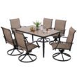 Nuu Garden 7 -Piece Black Patio Dining Set Iron Rectangle Table with 6 Brown Stackable Swivel Chairs