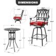 Nuu Garden 3 -Piece Black Bar Height Patio Dining Set Aluminum Round Table with 2 Red Cushions Swivel Chairs