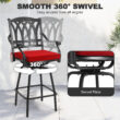 Nuu Garden 3 -Piece Black Bar Height Patio Dining Set Aluminum Round Table with 2 Red Cushions Swivel Chairs