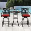 Nuu Garden 3 -Piece Black Bar Height Patio Dining Set Aluminum Round Table with 2 Red Cushions Swivel Chairs