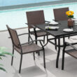 Nuu Garden 7 -Piece Black Wicker Patio Dining Set Iron Rectangle Table with 6 Stackable Stationary Chairs