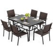 Nuu Garden 7 -Piece Black Wicker Patio Dining Set Iron Rectangle Table with 6 Stackable Stationary Chairs