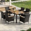 Nuu Garden 7 -Piece Black Rattan Patio Dining Set Wood Rectangle Table with 6 Beige Cushions Stationary Chairs