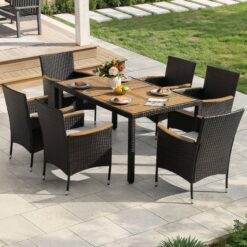 Nuu Garden 7 -Piece Black Rattan Patio Dining Set Wood Rectangle Table with 6 Beige Cushions Stationary Chairs