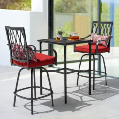 Nuu Garden 3 -Piece Black Bar Height Patio Dining Set Iron Square Table with 2 Red Cushions Swivel Chairs