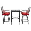 Nuu Garden 3 -Piece Black Bar Height Patio Dining Set Iron Square Table with 2 Red Cushions Swivel Chairs