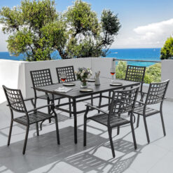 Nuu Garden 7 -Piece Black Patio Dining Set Iron Rectangle Table with 6 Stackable Stationary Chairs