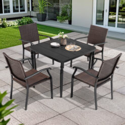 Nuu Garden 5 -Piece Black Wicker Patio Dining Set Iron Square Table with 4 Stationary Chairs