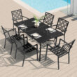Nuu Garden 7 -Piece Black Patio Dining Set Iron Rectangle Table with 6 Stackable Stationary Chairs
