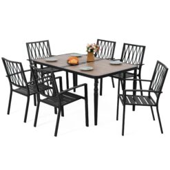 Nuu Garden 7 -Piece Black Patio Dining Set Iron Rectangle Table with 6 Stackable Stationary Chairs