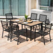 Nuu Garden 7 -Piece Black Patio Dining Set Iron Rectangle Table with 6 Stackable Stationary Chairs