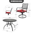 Nuu Garden 5 -Piece Black Patio Dining Set Iron Round Table with 4 Red Cushions Swivel Chairs