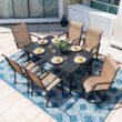 Nuu Garden Dining Chair And Table Set 7 -Piece Black Patio Dining Set Iron Rectangle Table with 6 Brown Stationary and Motion Chairs